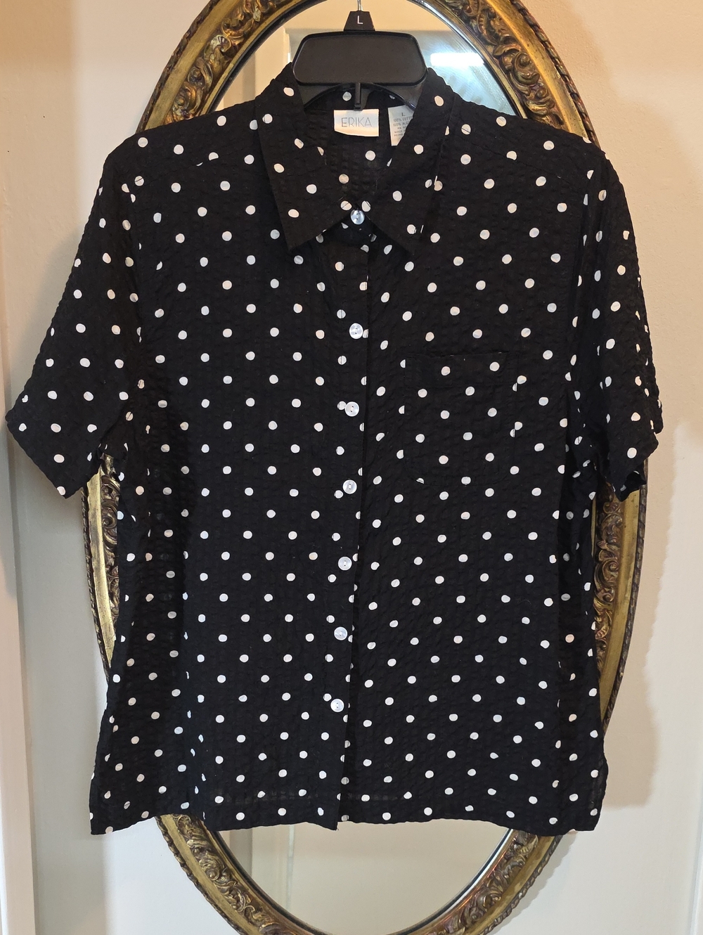 ERIKA 100% Cotton Black White Polka Dot Button Down Top Shirt Size Large Womens